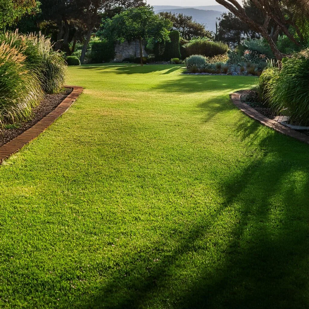 How to grow grass from seed a green lawn in a south African garden. lovely green lawn with edging of a garden bed.