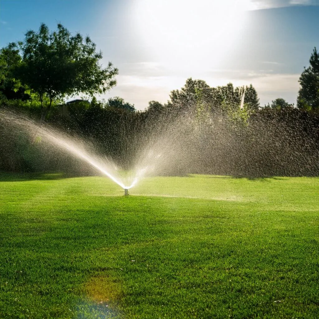 How to plant grass from seed Photo of agreen lawn being watered. agreen lawn nbeing irigated after it was grown from seed