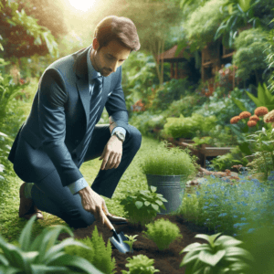 Career driven man in a suyit gardening