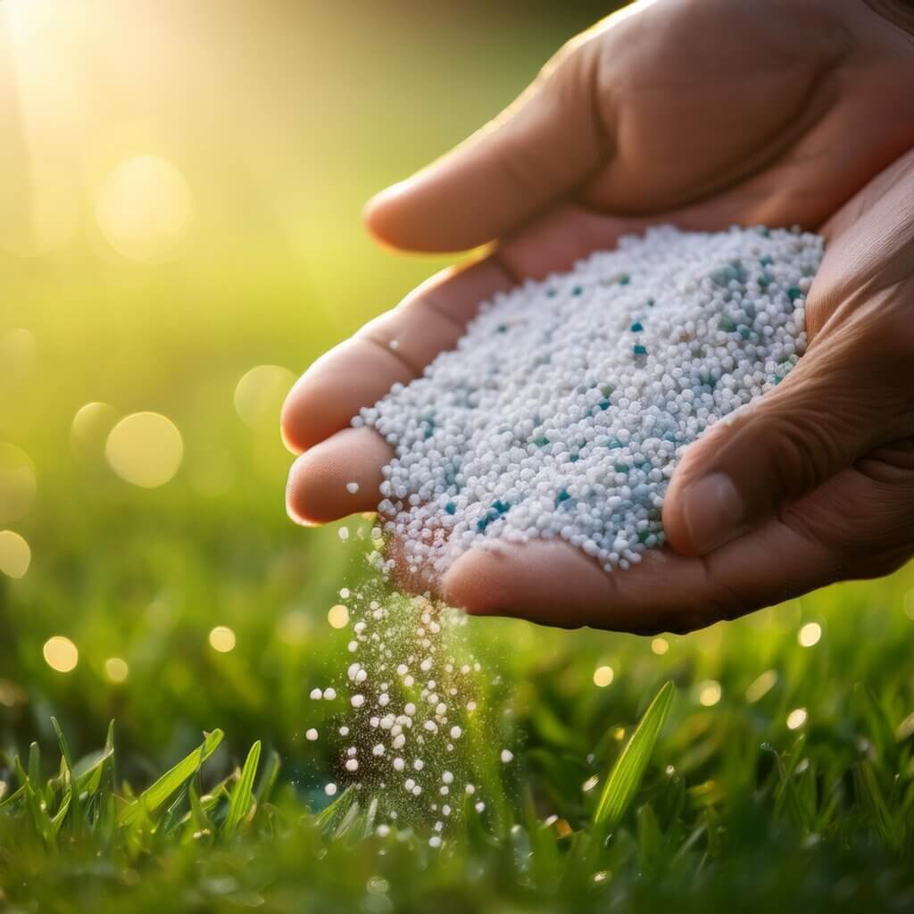 Lawn fertilizer spread on lawn from hands in south africa