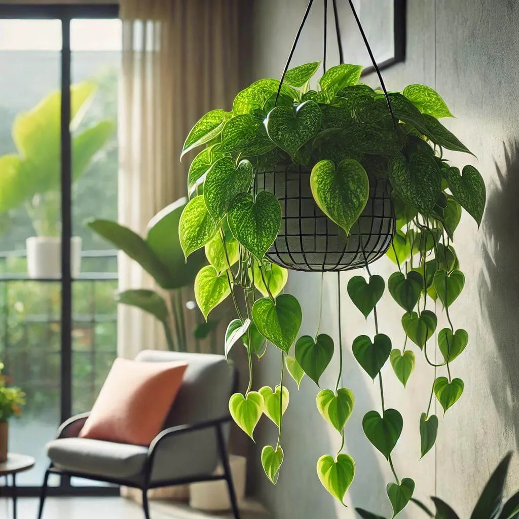South African Houseplant Pothos in a pot indoors, a houseplant in a pot. a good south african houseplant
